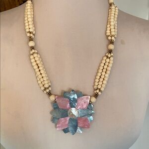Vintage Multi-strand Statement Mother of Pearl Flower Pendent Necklace
